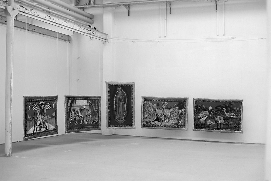 Gulsun 2 Fig. 3. Gülsün Karamustafa, <i>Postposition</i> (1995), textile collage, 5 pieces, each 49 ¼" x 39 3/8". Foreign Services Exhibition, Shedhalle, Zurich