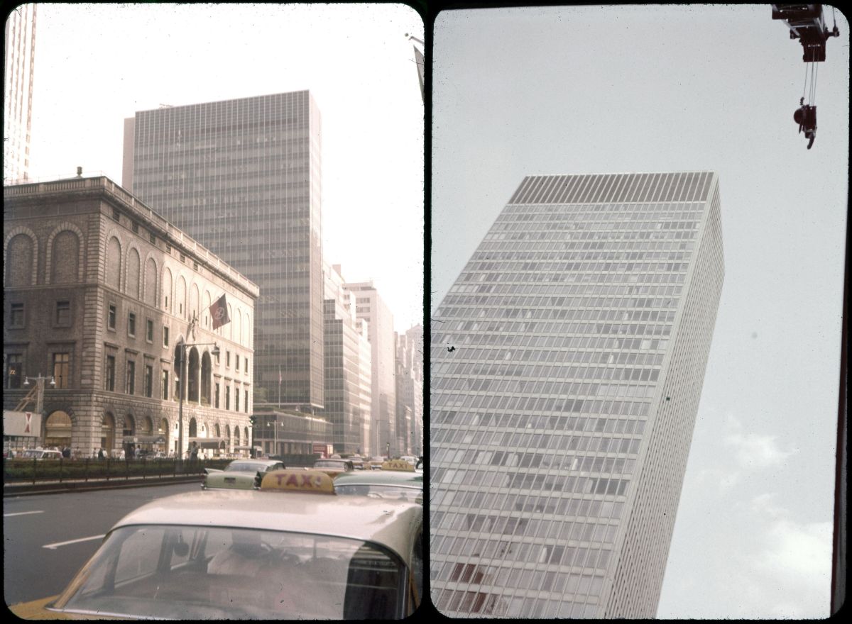 1 Park Avenue’daki yapılar, New York<br />
Solda: 1918’de tamamlanan Union Club of the City of New York (önde); 1951’de Skidmore, Owings & Merrill tarafından tasarlanan ve New York’ta cam ve çelik malzemeyle “perde duvar” konstrüksiyon sistemi kullanılarak inşa edilen ilk yapı Lever House (arkada)<br />
Sağda: 1958’de Ludwig Mies van der Rohe ve Louis Sullivan tarafından tasarlanan Seagram Building<br />