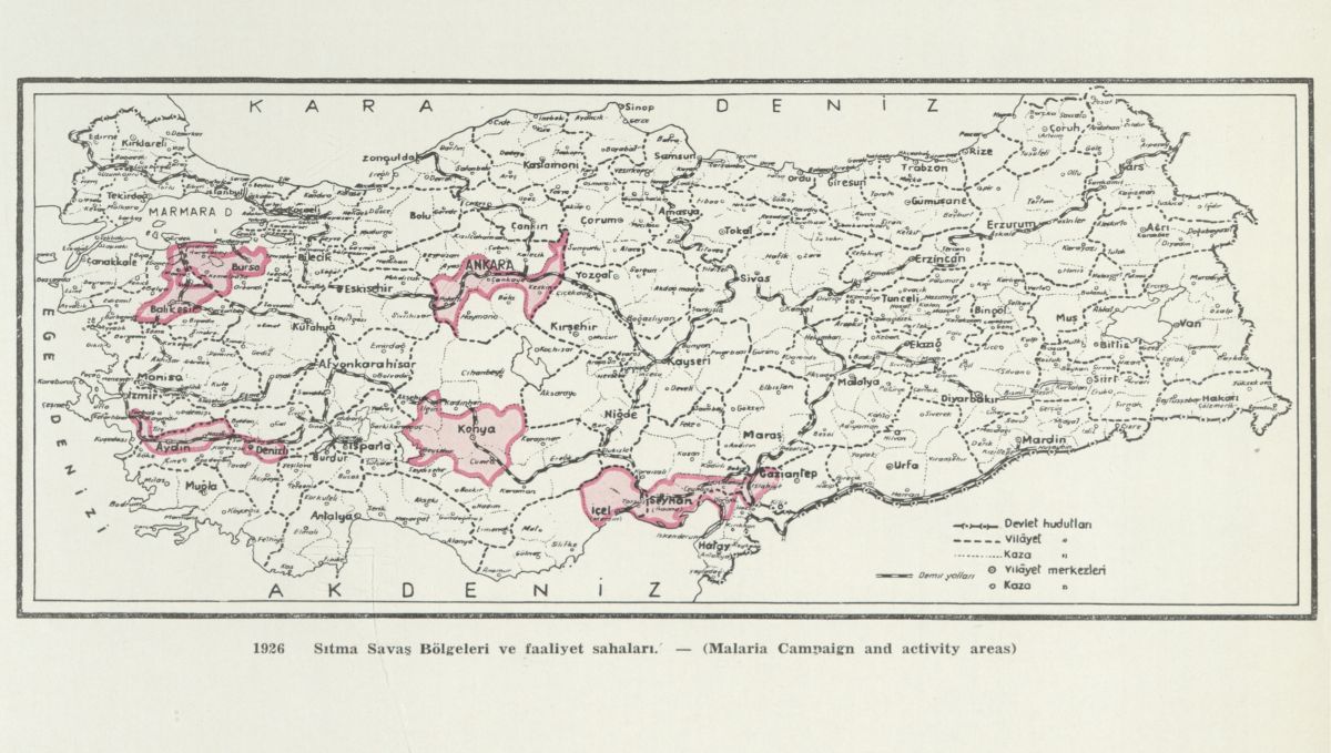 10 6 1926’da sıtma savaş bölgeleri ve faaliyet sahaları<br />
Midhat Süyev, <i>Sıtma Savaşı Çalışmaları Albümü</i>, İstanbul: Sağlık ve Sosyal Yardım Vekâleti, 1953, s. 54