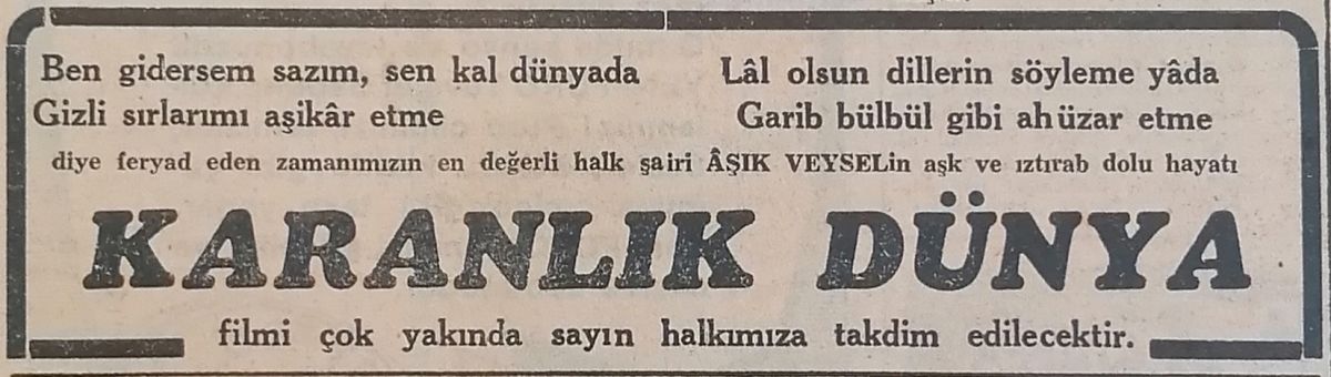 10 1952 12 22 Cumhuriyet Gazetesi Film Ilan Cok Yaknda Farkl Siir <i>Cumhuriyet</i> gazetesinde çıkan ilan, 22 Aralık 1952<br /><br />
