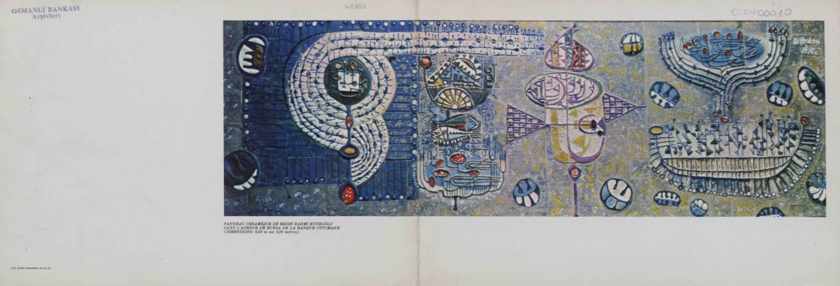 10 Eccv00010 Bedri Rahmi Eyüboğlu’nun Bursa’daki nadir izlerinden birisi olan, Osmanlı Bankası’nın 1970’lerden itibaren kullandığı binanın girişindeki panoyu gösteren yılbaşı tebrik kartı<br />
Salt Araştırma, Osmanlı Bankası Arşivi<br />
