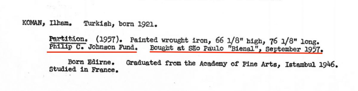 11 1959’daki Sergi, Master Checklist, MOMA Arşiv, Belge no: MOMAExh_0639<br />
©The Museum of Modern Art Archives, New York.<br />
