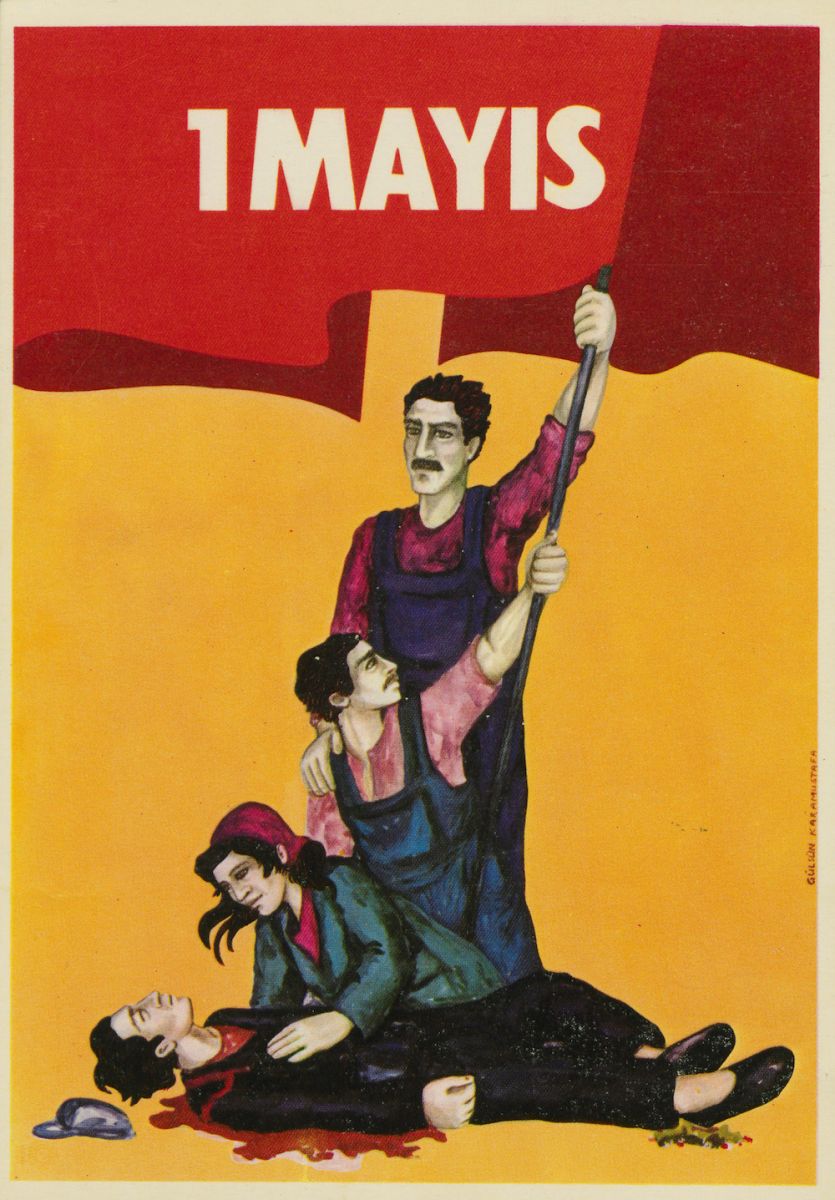 12 Drkdoc074 Görsel Sanatçılar Derneği’nin <i>1. Mayıs Sergisi</i> (İstanbul: Spor ve Sergi Sarayı, 1977) kapsamında, DİSK’in 10. kuruluş yıl dönümü için Gülsün Karamustafa tarafından tasarlanan kartpostal<br />
SALT Araştırma, Duvar Resminden Korkuyorlar Arşivi