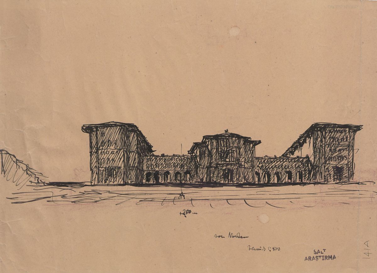 17 Paul Bonatz Ile Olan Proje Paul Bonatz ve Kemali Söylemezoğlu’nun 1946 tarihli İstanbul Belediye Sarayı çizimi<br />
Salt Araştırma, Harika-Kemali Söylemezoğlu Arşivi<br />
