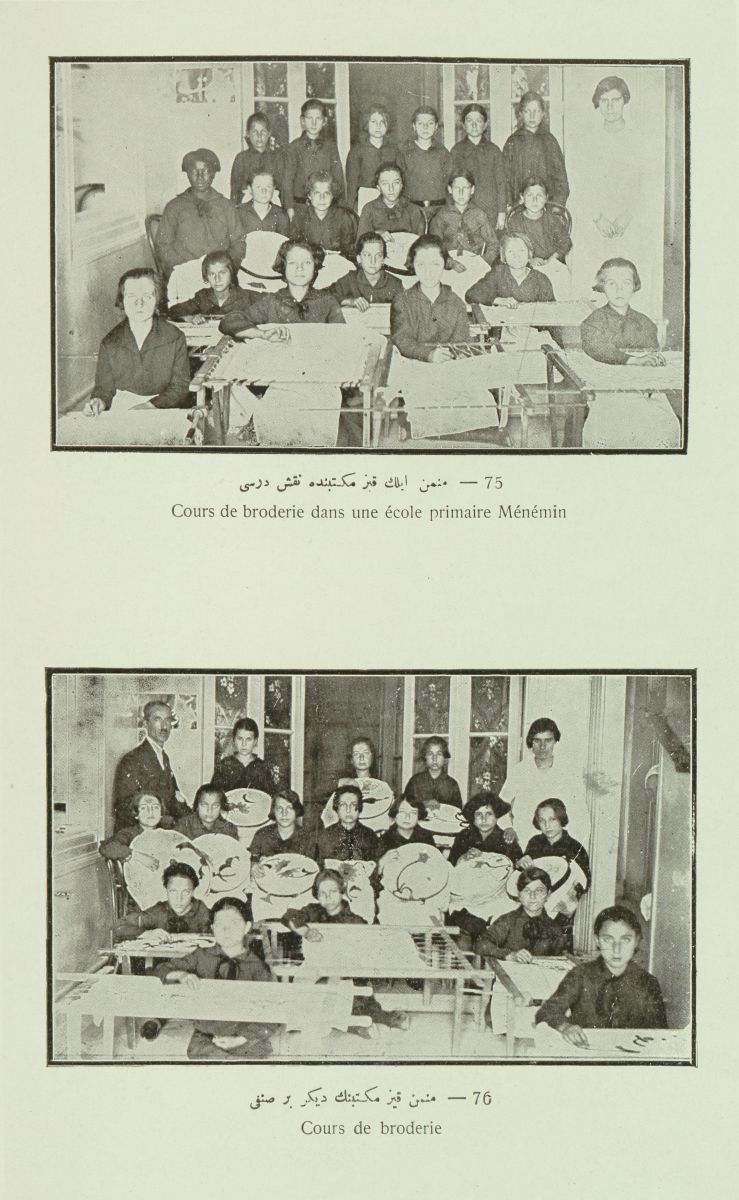 2 İzmir Menemen Kız Mektebi’nde nakış dersleri, <i>La vie scolaire en Turquie</i> [Maarif Albümü], İstanbul: Devlet Matbaası, 1927 <br />
Salt Araştırma, Eğitim Arşivi<br />
