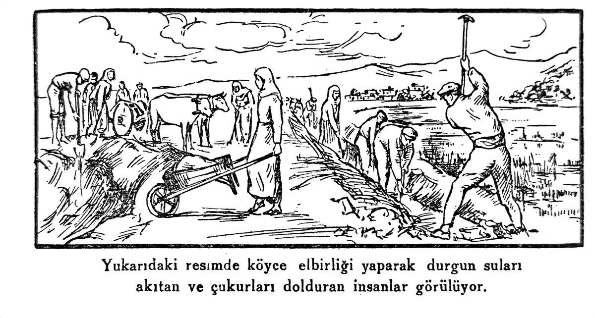 23 Durgun Sular Aktan Ve Cukurlar Dolduran Koyluler Kaynak Stma 1948 Milli Egitim Basmevi S 33 Durgun suları akıtan ve çukurları dolduran köylüler, <i>Sıtma</i>, İstanbul: Millî Eğitim Basımevi, 1948, s. 33<br /><br />