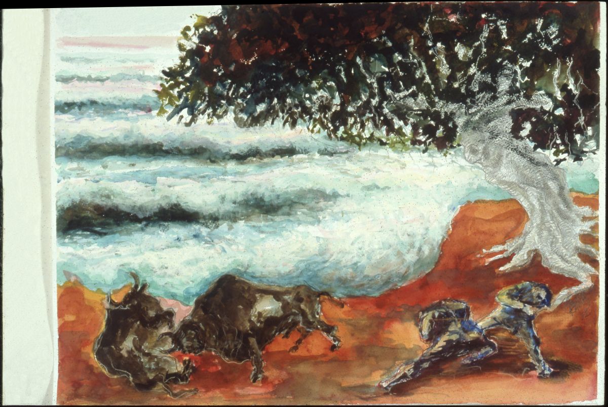 4 Kab053001 <i>İncir Delisi</i>, 1992, kağıt üzerine karışık teknik, 50x70 cm<br />
Salt Araştırma, Özer Kabaş Arşivi<br />
