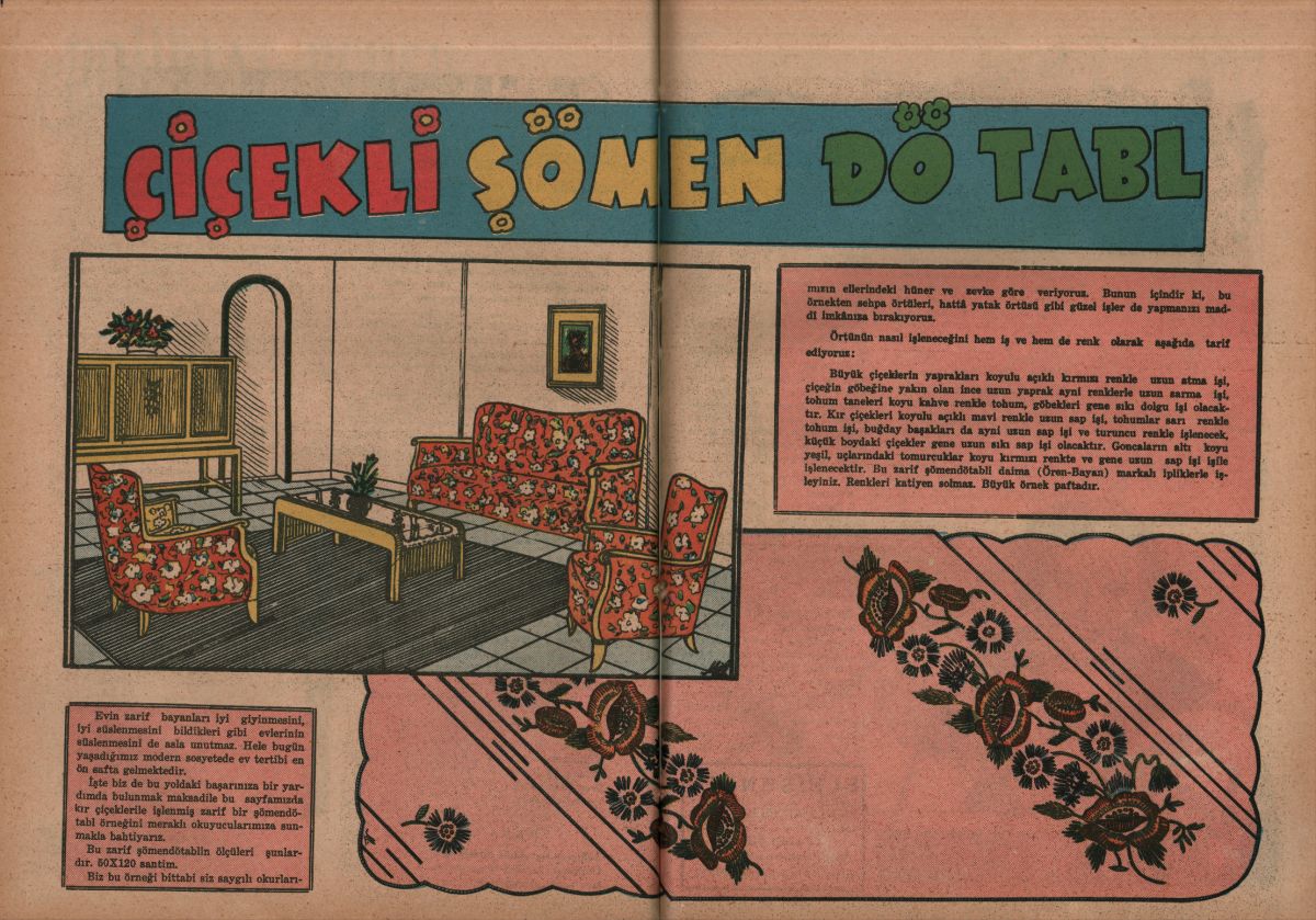 5 Goncalı masa örtüsü modeli ve çiçekli döşemelik kumaşların salonda farklı kullanım alanları, <i>Ev-Kadın</i>, Sayı: 29, Mayıs 1947, ss. 16-17<br />
Kadın Eserleri Kütüphanesi ve Bilgi Merkezi Vakfı, Süreli Yayın Koleksiyonu