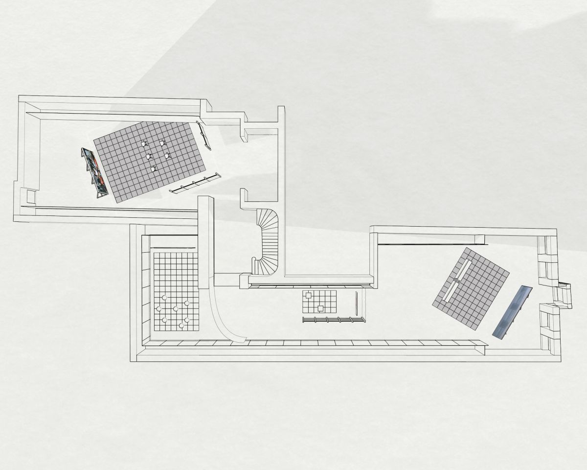 7 Salt Beyoğlu 3. kat yerleşiminde yapının sınırlarına aykırı yerleşen film mekânları; sol üstte Deimantas Narkevičius, <i>Into the Unknown</i> [Bilinmeyene Doğru] (2009) ve sağ altta Oleksiy Radinsky, <i>Circulation</i> [Ring Hattı] (2020) film yerleşimleri