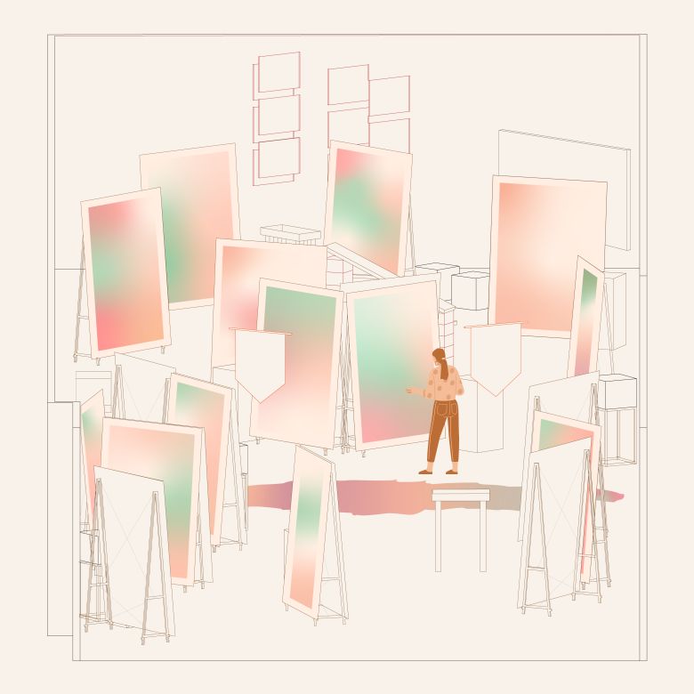 9 Sosyalizme Tercume 2024 <i>Sosyalizme Tercüme</i> (Salt Galata, 2024) sergisinin mekân temsili
Çizim: Emirhan Altuner
