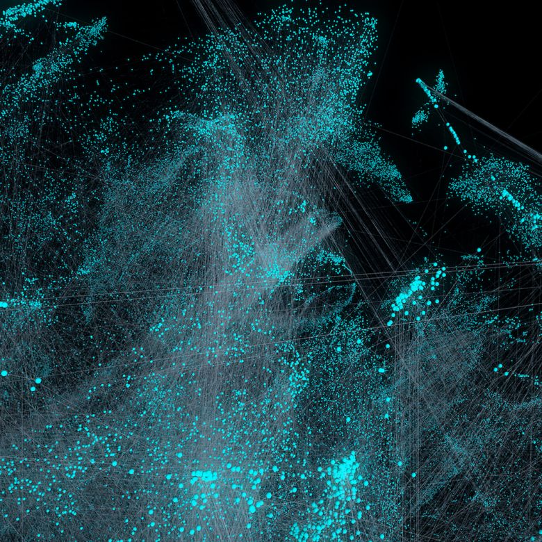 Anadol 2017 Refik Anadol’un ilk kez Nisan 2017’de SALT Galata’da sunulan <i>Arşiv Rüyası</i> medya enstalasyonundan t-SNE veri bulutu heykeli. Toplam 1,7 milyon. Odak kategori: Mimari. Nokta bulut veri sayısı: 314.870.