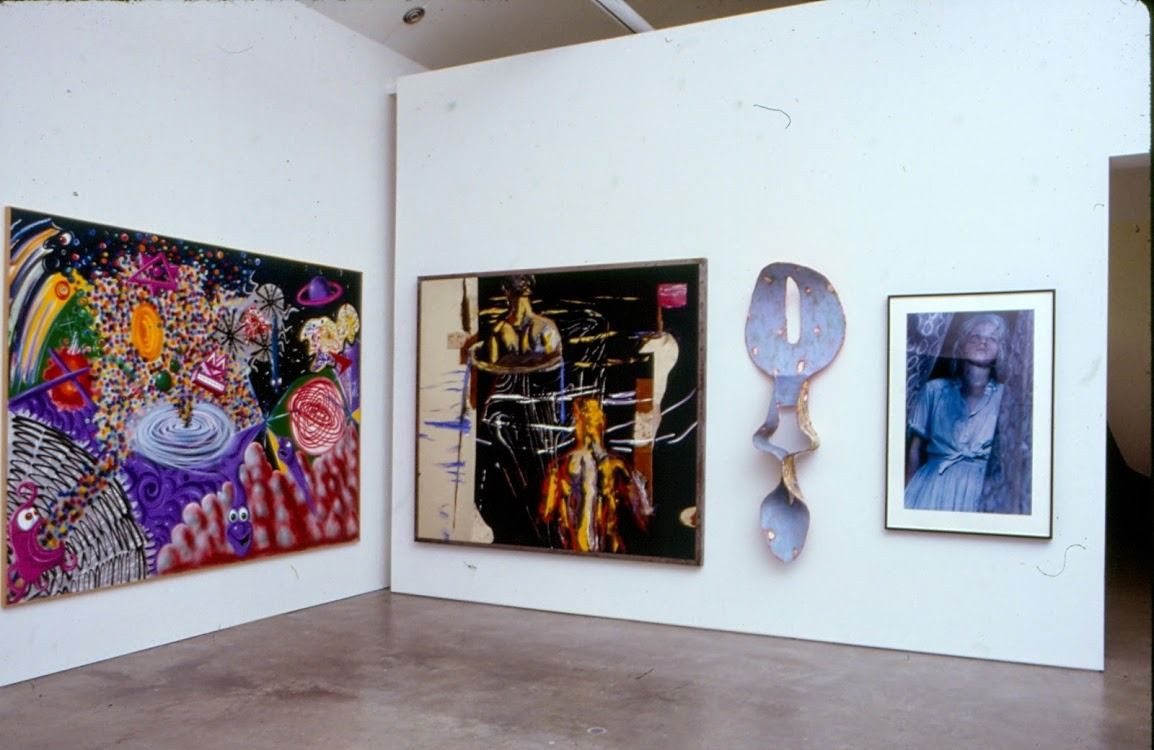 Collection Hero Kenny Scharf, Richard Schnabel, unknown and Cindy Sherman. Installation view from <i>Exhibited</i> curated by Vasıf Kortun, 1994. Photo: Vasıf Kortun, 1994