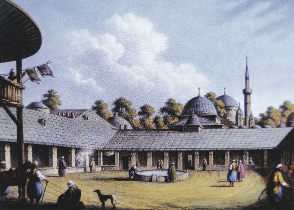 Genc 7 Şekil 11. Luigi Mayer tarafından yapılan 1801 tarihli resimde Lüleburgaz Sokollu Külliyesi’nin kervansaray avlusu görülmektedir.
