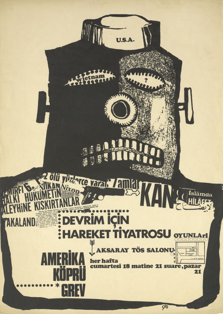Gorsel 16 Sadık Karamustafa’nın <i>Amerika-Köprü-Grev</i> oyunları için tasarladığı toplu afiş, 1969 <br />
Salt Araştırma, Sadık Karamustafa Arşivi<br />
