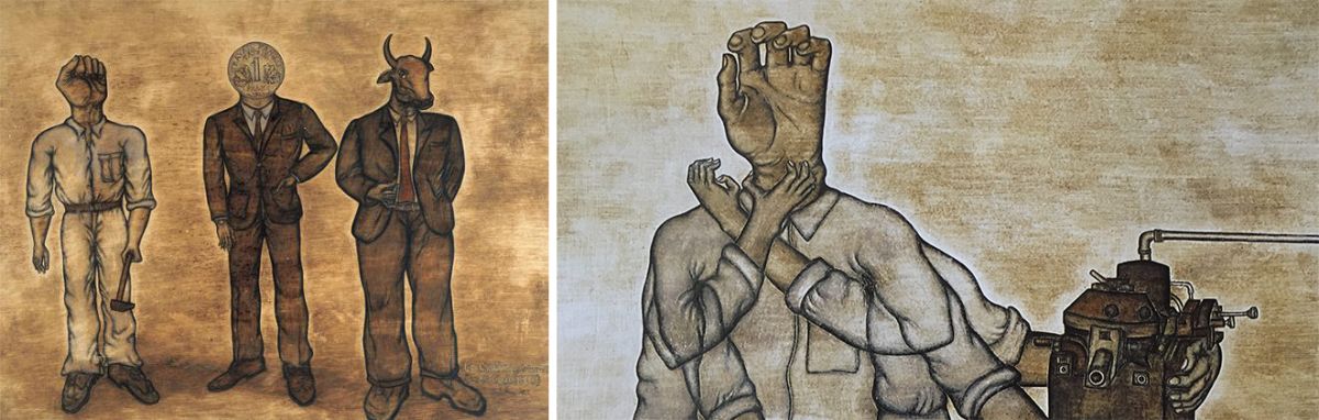 Gorsel 19 Yüksel Arslan, <i>Arture 156, Kapital VI (Sınıflar)</i>, 1971 (solda); <i>Arture 153, Kapital II A (El)</i>, 1970 (sağda), <i>‘Le Capital’: 30 tableaux d’après Karl Marx</i>, Paris: LNF, 1975<br />
Sanatçının varisinin izniyle<br />
