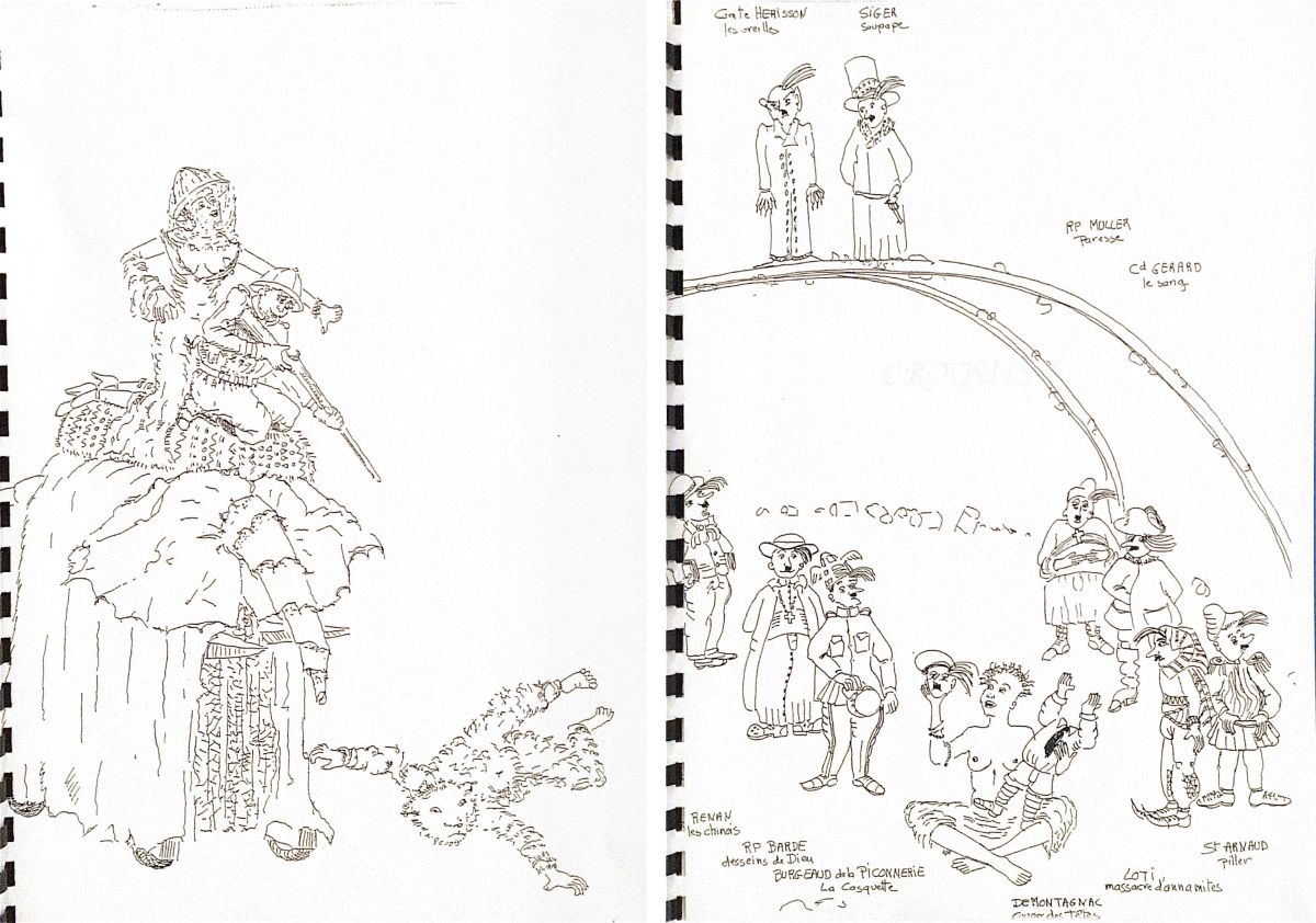 Gorsel 3 Aimé Césaire metinlerinden uyarlanan <i>Équateur Funambule</i> [Cambaz Ekvator] oyunu için Michel Launay’ın yaptığı sahne tasarım eskizleri, no: 4 ve 3<br />
Işıl Kasapoğlu–Mehmet Ulusoy Belgeleri<br />
