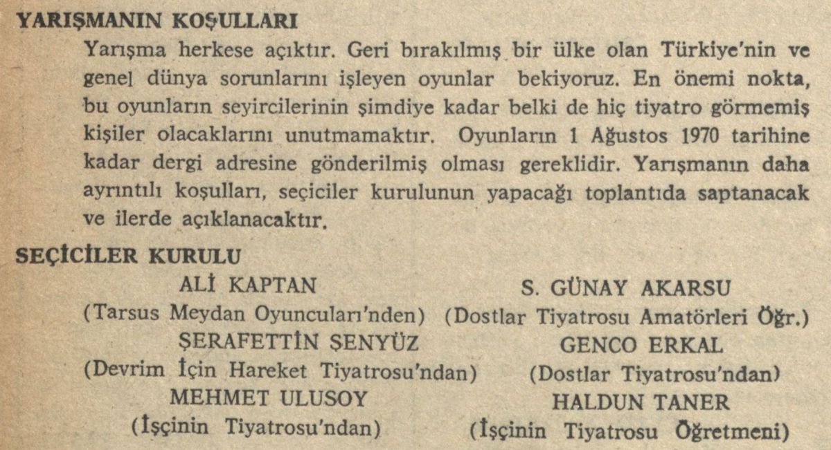 Gorsel 9 “Emekçi Tiyatrosu İçin Oyun Yarışması”, <i>Tiyatro 70</i>, Sayı: 1, Şubat 1970, s. 40<br />
İBB Atatürk Kitaplığı Arşivi<br />
