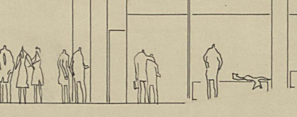 Gorsel002 Pamukbank Genel Müdürlüğü yarışma projesi, cephe görünüşü (detay), ölçek: 1/100, 1967<br />
Salt Araştırma, Doğan Tekeli-Sami Sisa Arşivi<br />
