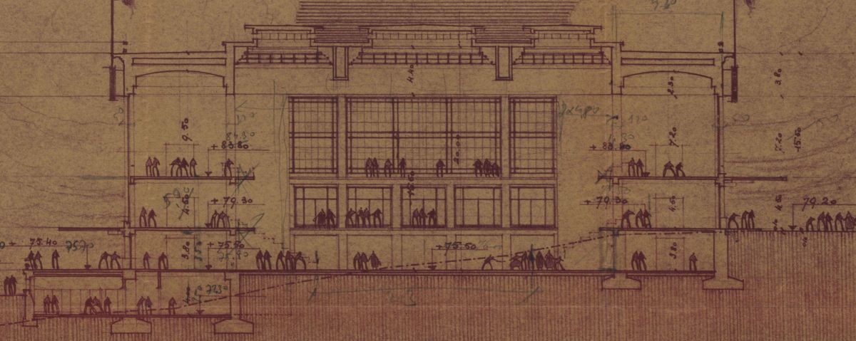 Gorsel005 İstanbul Spor ve Sergi Sarayı, enine kesit (detay), ölçek: 1/200, 1947<br />
Salt Araştırma, Fazıl Saffet Aysu Arşivi<br />