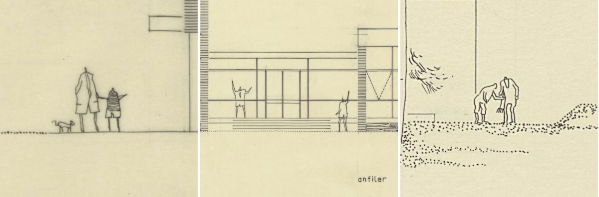 Gorsel011 12 13 Solda ve ortada: Ankara Yüksek Öğretmen Okulu ön proje, cephe görünüşü (detay), ölçek: 1/100, 1961 <br />
Sağda: Ankara Bahçelievler Kız Sanat Enstitüsü yarışma projesi, cephe görünüşü (detay), ölçek: 1/100, 1968 <br />
Salt Araştırma, Doğan Tekeli-Sami Sisa Arşivi<br />