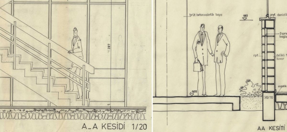 Gorsel014 15 Solda: Atlas Copco Kompresör Montaj Fabrikası uygulama projesi, M1 merdiveni A-A kesiti (detay), ölçek: 1/20, 1969 <br />
Sağda: Eczacıbaşı Serum Fabrikası uygulama projesi, cephe görünüş (detay), ölçek: 1/20, 1974 <br />
Salt Araştırma, Doğan Tekeli-Sami Sisa Arşivi<br />
