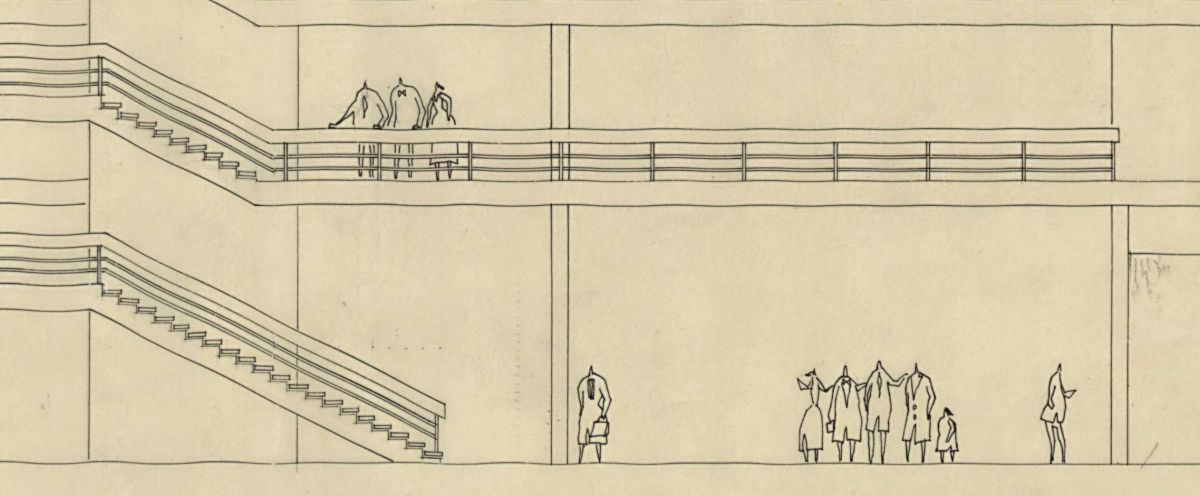 Gorsel019 İstanbul Manifaturacılar Çarşısı uygulama projesi, cephe görünüşü (detay), ölçek: 1/100, 1963 <br />
Salt Araştırma, Doğan Tekeli- Sami Sisa Arşivi<br />