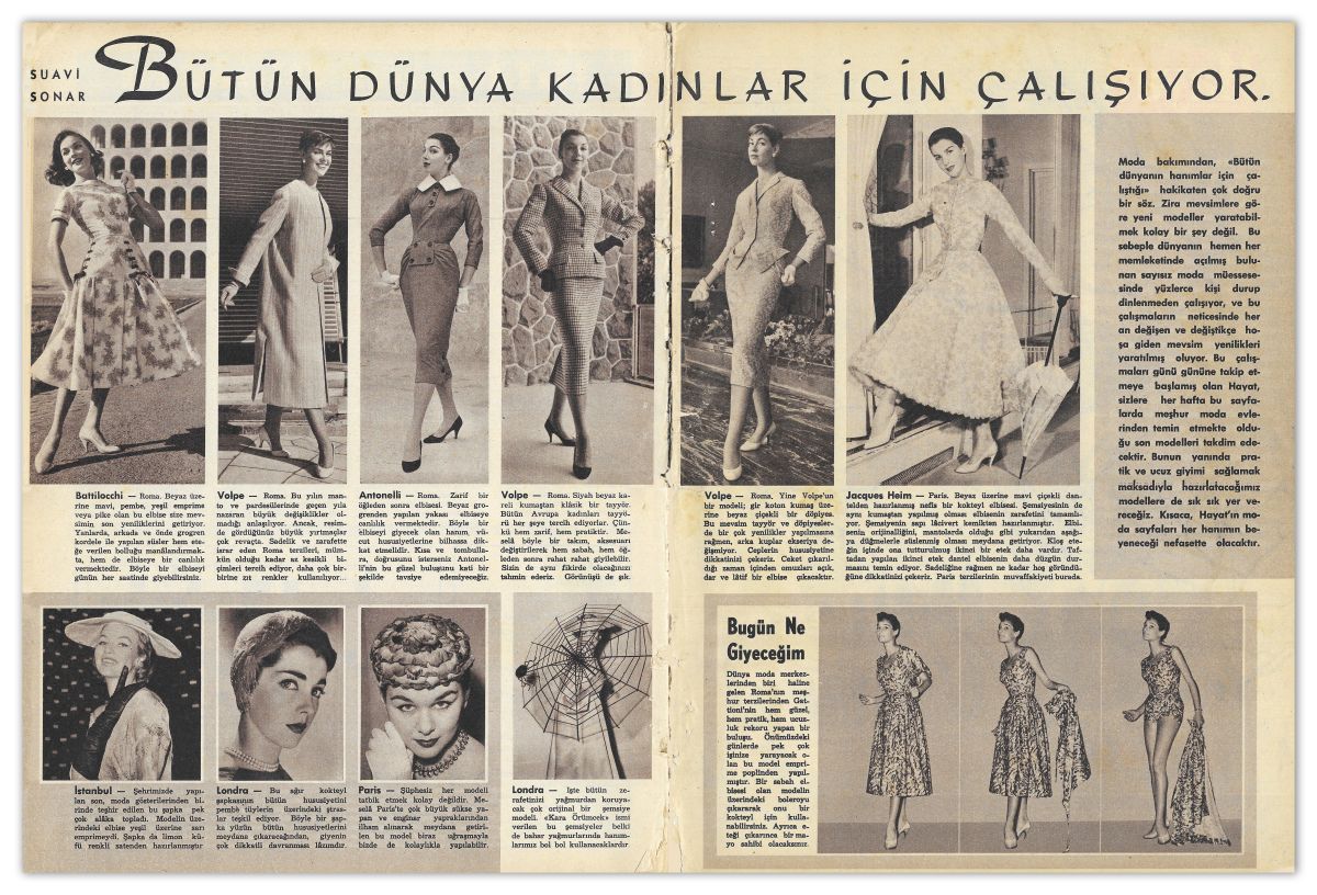 Gorsel06 1956 0406 Hayat S01 Sayfa30 31moda <i>Hayat</i> dergisinin 6 Nisan 1956 tarihli ilk sayısında Suavi Sonar imzalı sayfalar