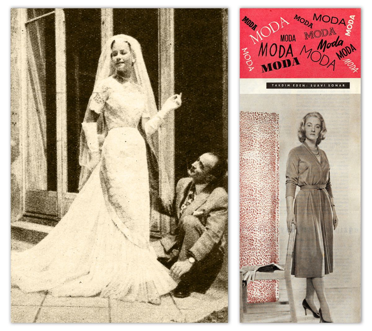 Gorsel07 1956 0618 Hayat S07 Sayfa28 Suavi Sonar Suavi Sonar, gelinlik modeliyle, <i>Hayat</i>, 18 Haziran 1956, s. 28