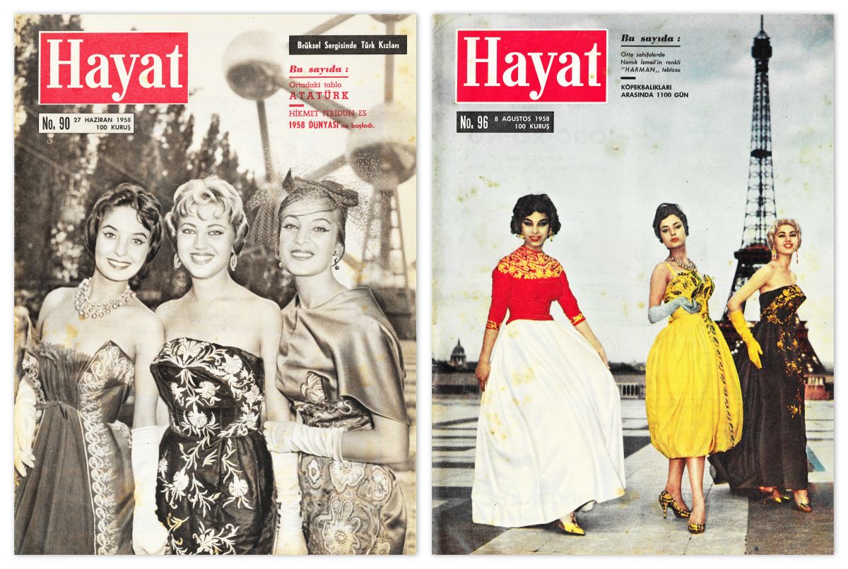 Gorsel08 1958 0627 Hayat S90 Sayfa1 Suavi Sonar Brüksel ve Paris’ten Suavi Sonar imzalı Türk modası konulu <i>Hayat</i> kapakları, 27 Haziran ve 8 Ağustos 1958