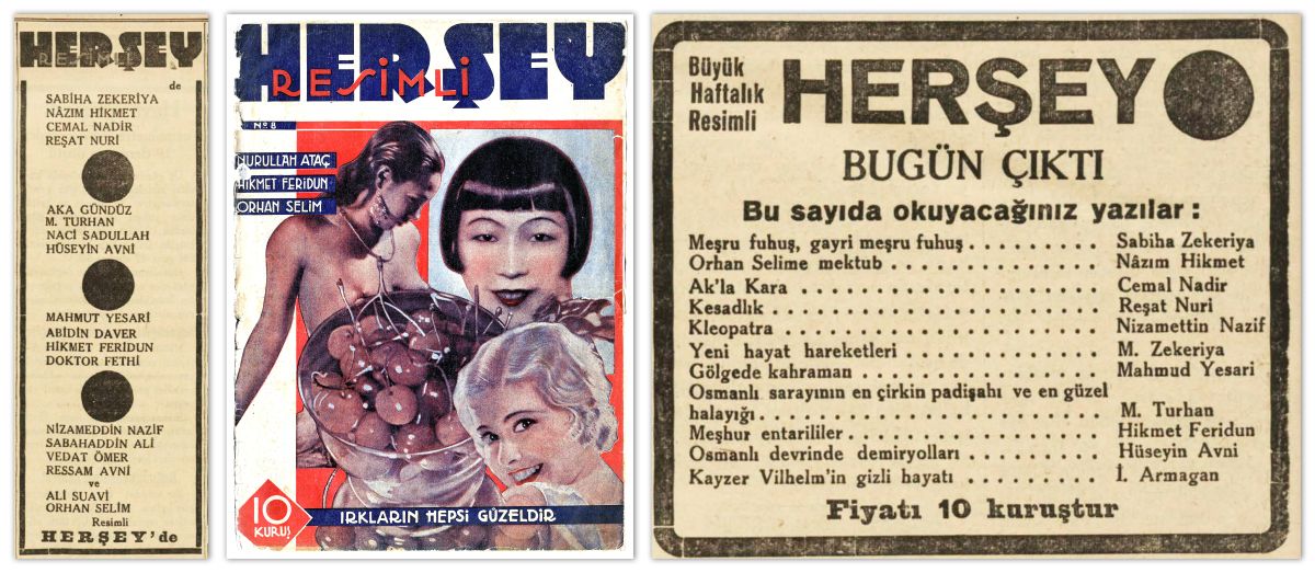 Gorsel17 1935 Resimli Her Sey <i>Resimli Herşey</i> dergisi ilanları, <i>Akşam</i>, 11-28 Eylül 1935 ve 8. sayının kolaj kapağı, 16 Kasım 1935