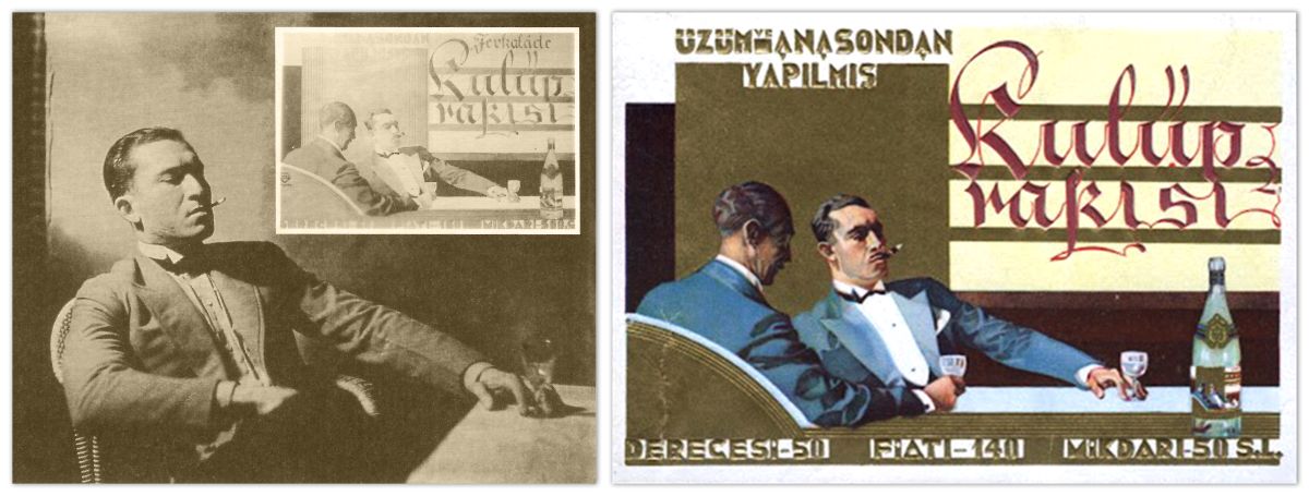 Gorsel28 1931 Ihap Kulup İhap Hulusi ve özçekimden yola çıkarak yarattığı orijinal Kulüp Rakısı etiketi<br /><br />
