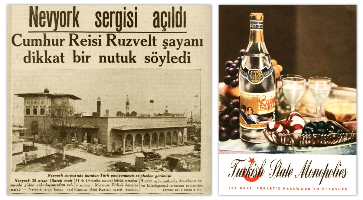 Gorsel29 1939 New York Dunya Sergisi New York Dünya Fuarı haberi, <i>Cumhuriyet</i>, 1 Mayıs 1939 (solda) ve İnhisarlar İdaresi’nin İngilizce ilanı (sağda)<br />
