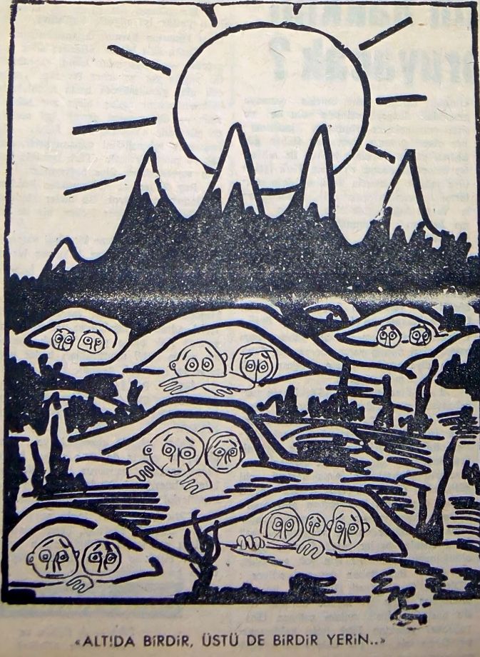 Gorsel 1 Göllüce ve Atalan köylerinde köylülerin yaşam ve çalışma koşullarını anlatmak için çizilen karikatür 
Fatma İrfan Serhan, “Ağalar ve Masallar”, <i>Yön</i>, No: 31, 18 Temmuz 1962, s. 13 
