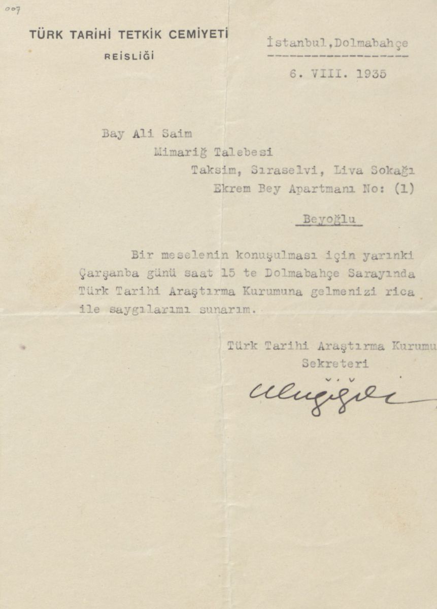 Resim 1 Tasudoc0532006 Türk Tarih Kurumu genel sekreteri Uluğ İğdemir’in Ali Saim Ülgen’i kurumun Dolmabahçe Sarayı’ndaki çalışma ofisine davet eden mektubu.<br />
SALT Araştırma, Ali Saim Ülgen Arşivi