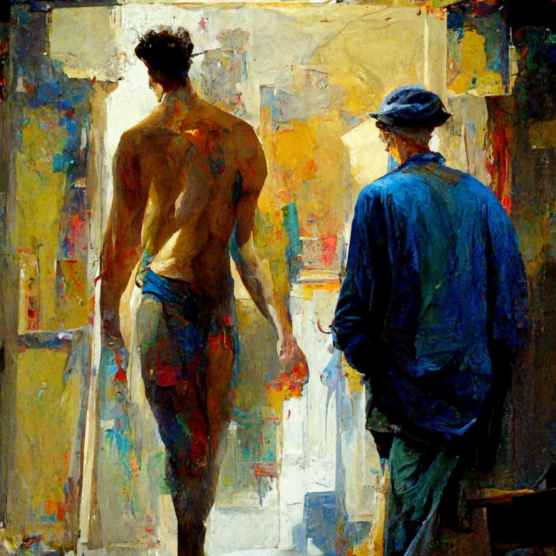 Vas26 <i>Ressam Vasıf’ın Gizli Aşklar Tarihi</i> kitap kapağında kullanılan görsel (Murat Gülsoy tarafından Midjourney yapay zekâ programı kullanılarak oluşturulmuştur.)